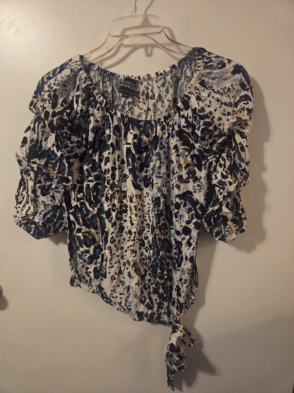 Coco Bianco Women's Blue and Black Animal Print Peasant Top